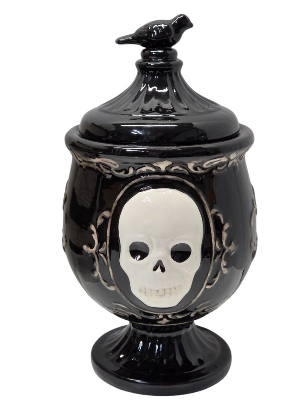 World Market Skull Apothecary Treat Jar Ceramic Halloween Crow Lid 11.5"